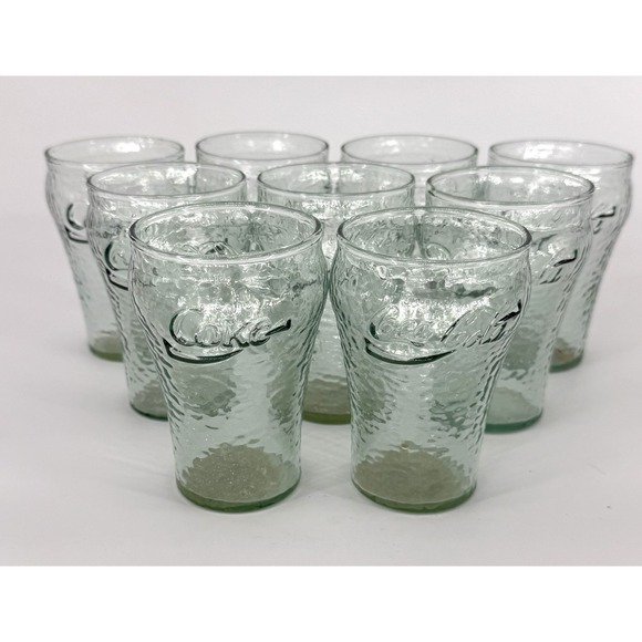 Set of 8 Vintage Coca Cola Mini Green Pebbled Glasses Dimpled 4 Embossed Indiana - Picture 3 of 6